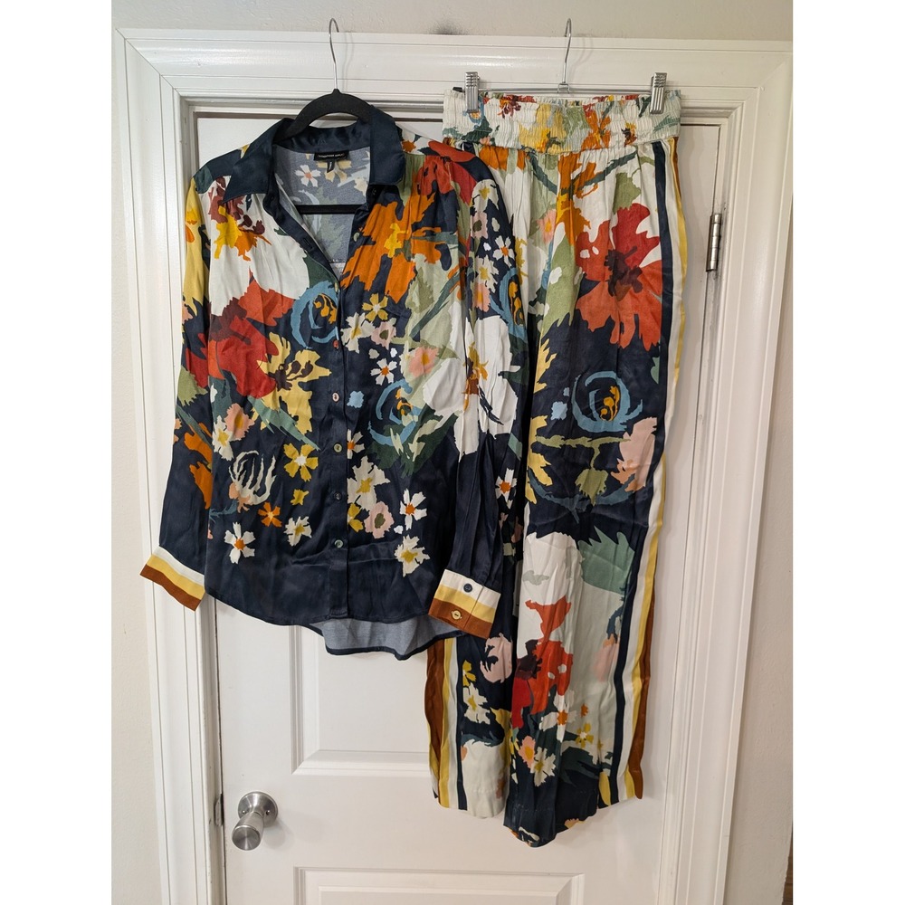 Conditions Apply Floral Viscose Set Button Down Shirt Wide Leg Pants XS flowy